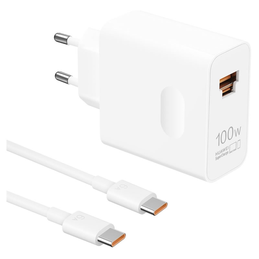 Huawei SuperPower Max 100W Hızlı Şarj Cihazı (Beyaz, EU Plug), USB-A/C Çift Port, Akıllı Güvenlik Çipi, 6A Type-C Kablo Dahil
